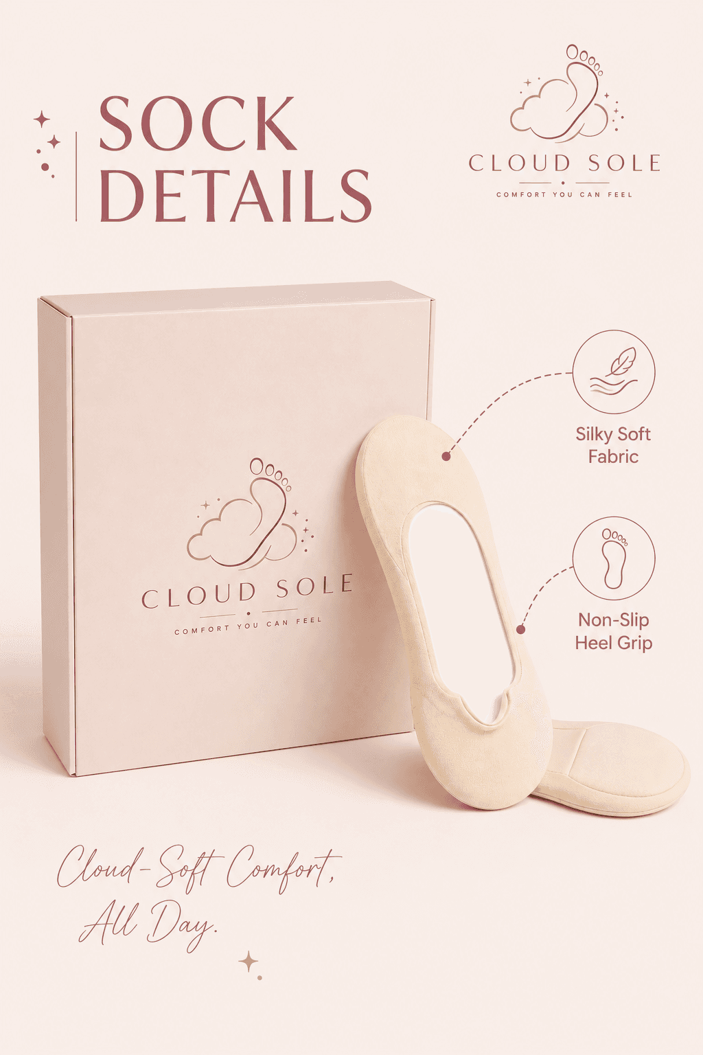 CloudSole sock details: silky fabric and non-slip heel grip